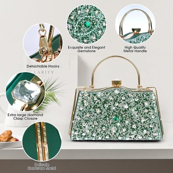 Women Green Sparkly Crystal Clutch Rhinestone Diamond Handbag - Picture 2 of 7